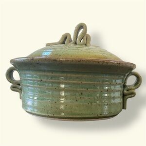 Signed Studio Pottery Green Casserole w Lid 8.5” Diameter